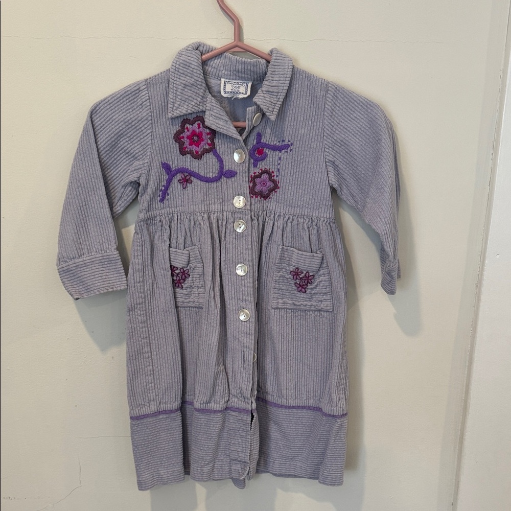 April Cornell Purple Corduroy Dress with Floral Embroidery